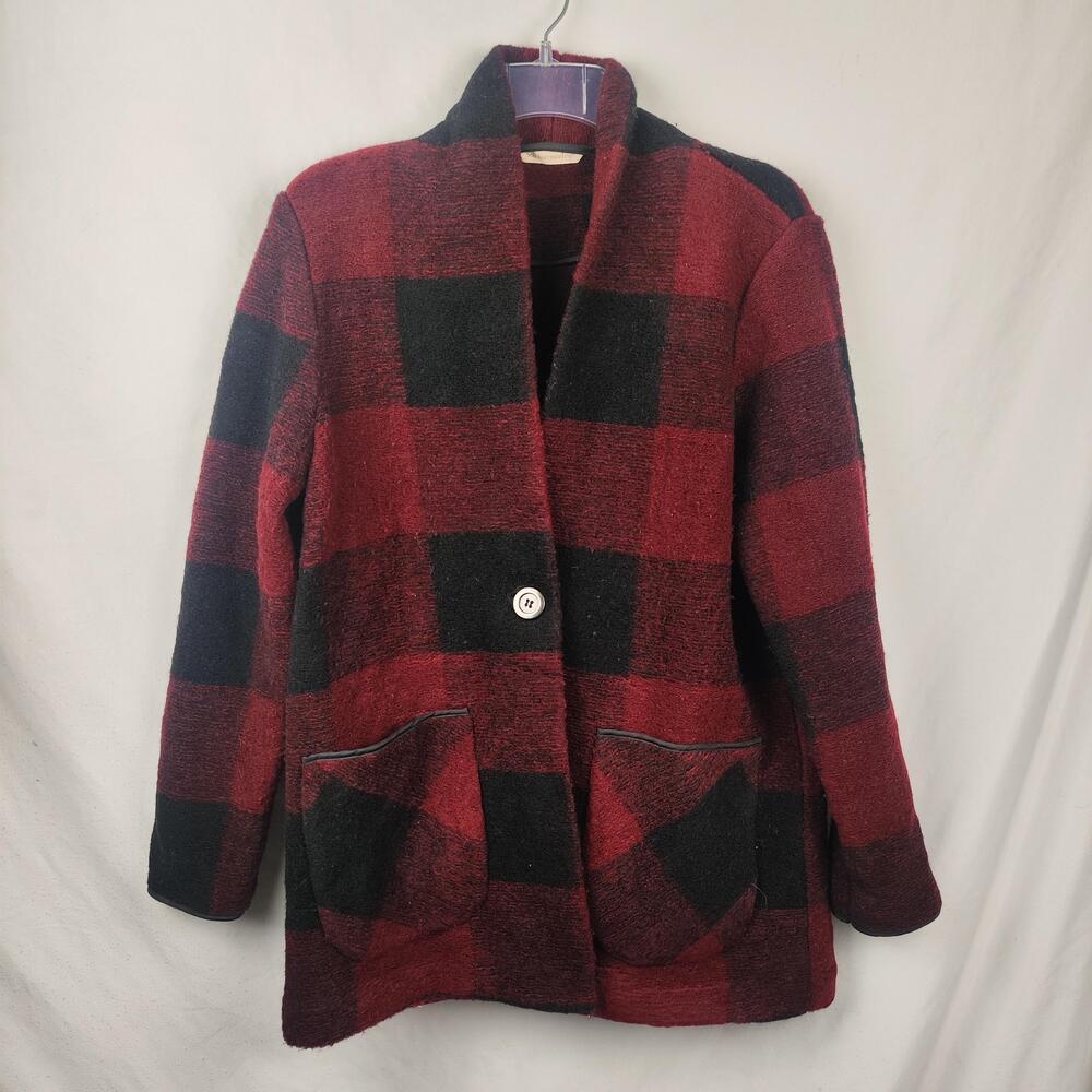 Soft Surroundings Coatigan Womens Petite Medium Red Buffalo Plaid Knit Pockets